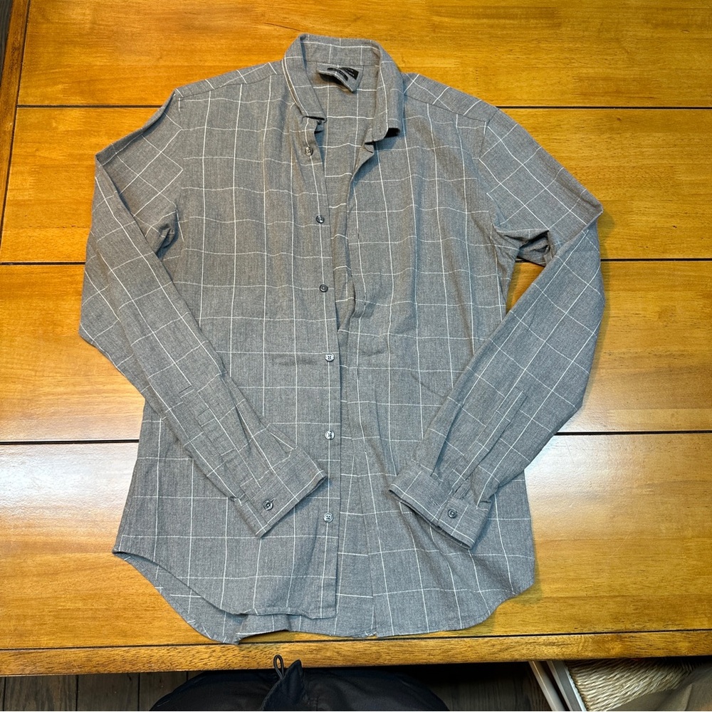 Zara Men's Gray Windowpane Button-Down Shirt with White Grid